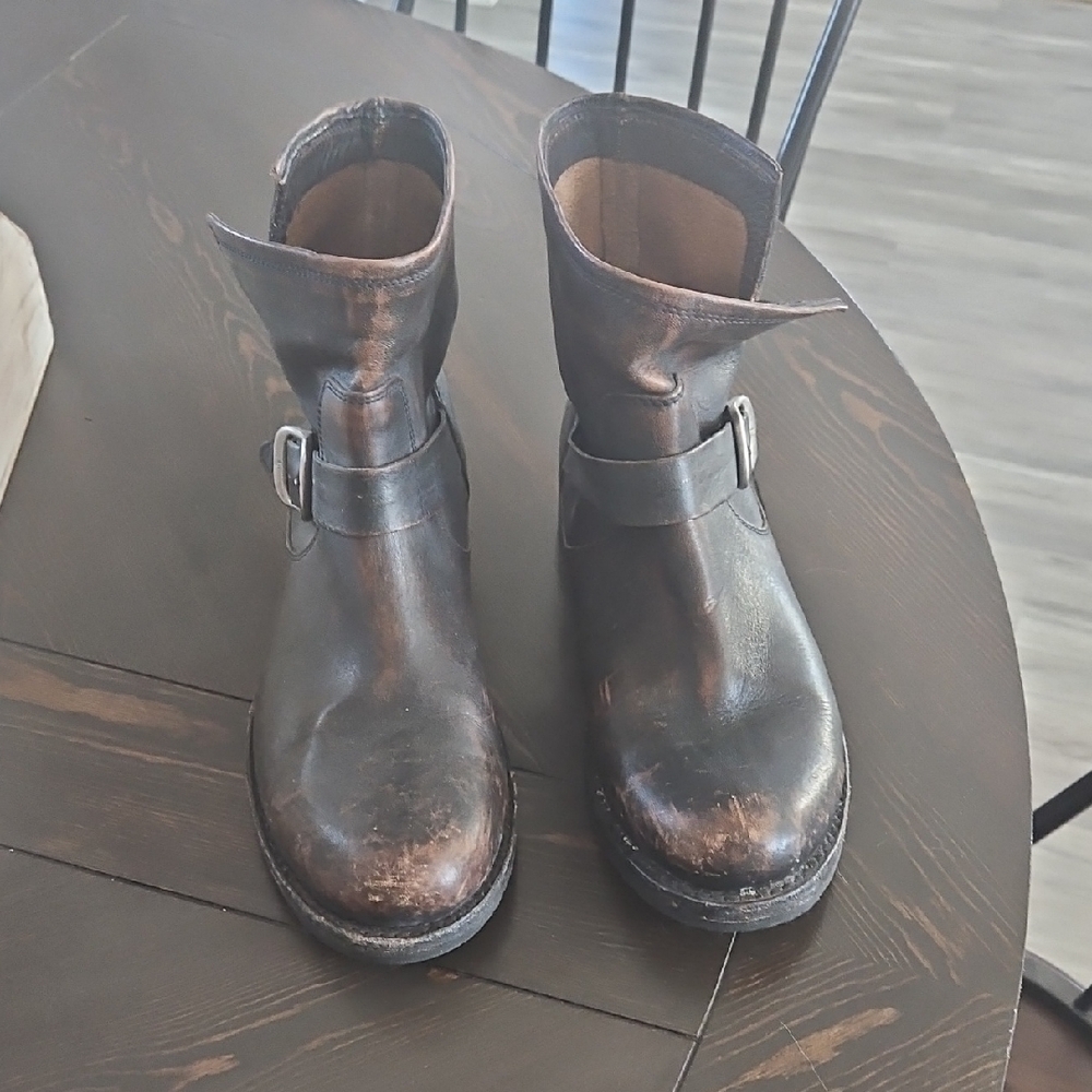 Frye Distressed Black Ankle Boots with Buckle